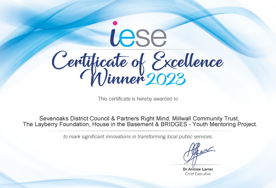 An image showing a Certificate of Excellence House in the Basement, Sevenoaks District Council. Partners Right Mind, Millwall Community Trust, the Layberry Foundation and Bridges received for the Youth Mentoring Project