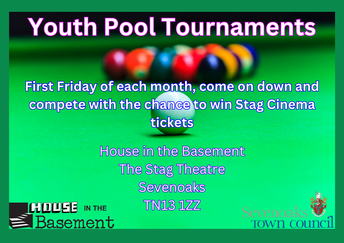 A poster that shows youth pool tournament at House in the Basement Youth Cafe.
